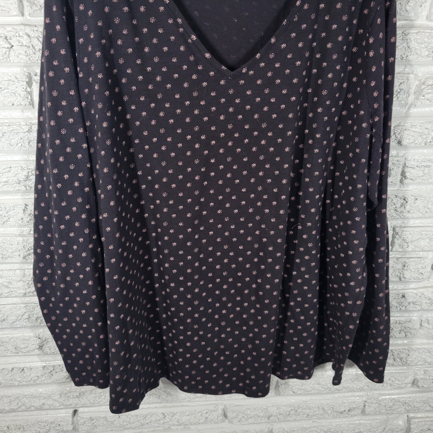 Evri Womens 3X Plus Black Pattern Long Sleeve V-Neck T-Shirt Top Cotton BLA118E