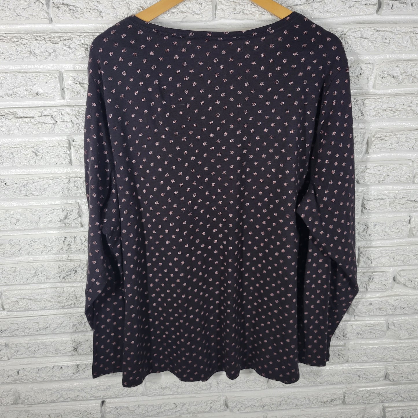 Evri Womens 3X Plus Black Pattern Long Sleeve V-Neck T-Shirt Top Cotton BLA118E