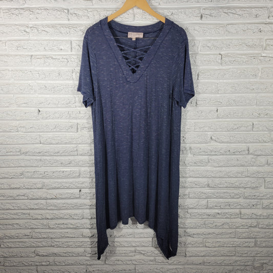 Philosophy Women 1X Plus Mini Dress Blue White Striped Lattice VNeck BLU177E