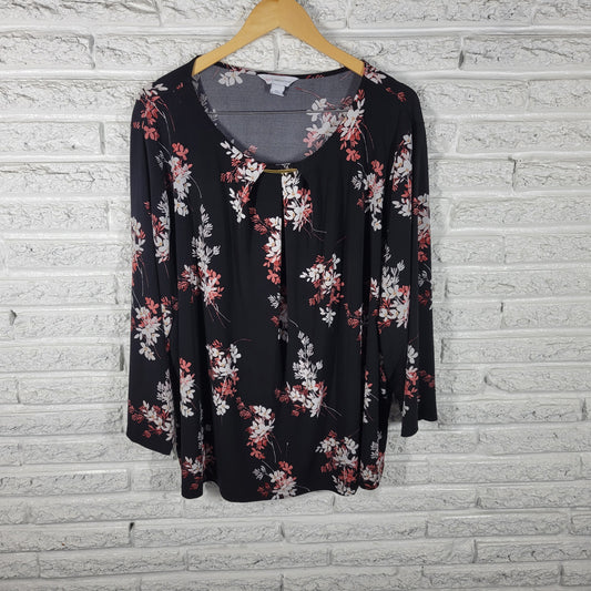 Liz Claiborne Womens Top 3X Plus Black Pink Floral Blouse Long Sleeve FLO128XE
