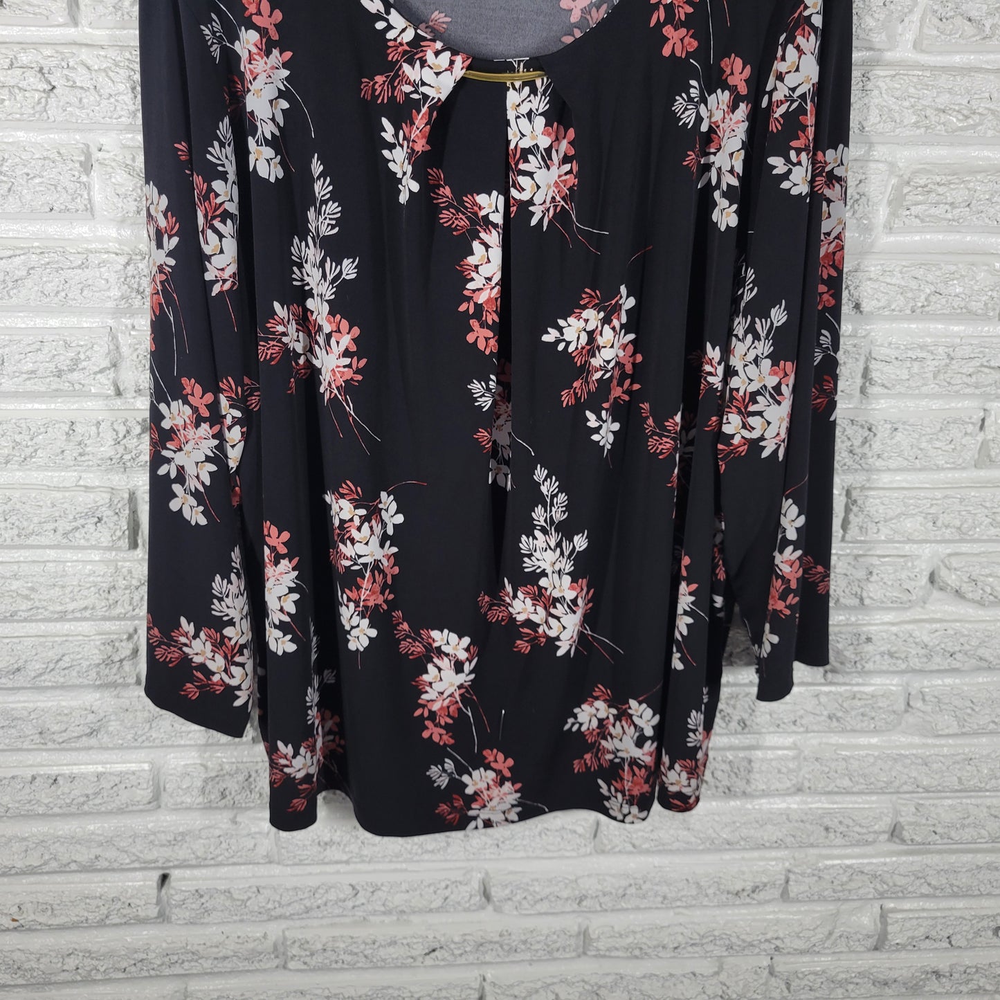 Liz Claiborne Womens Top 3X Plus Black Pink Floral Blouse Long Sleeve FLO128XE
