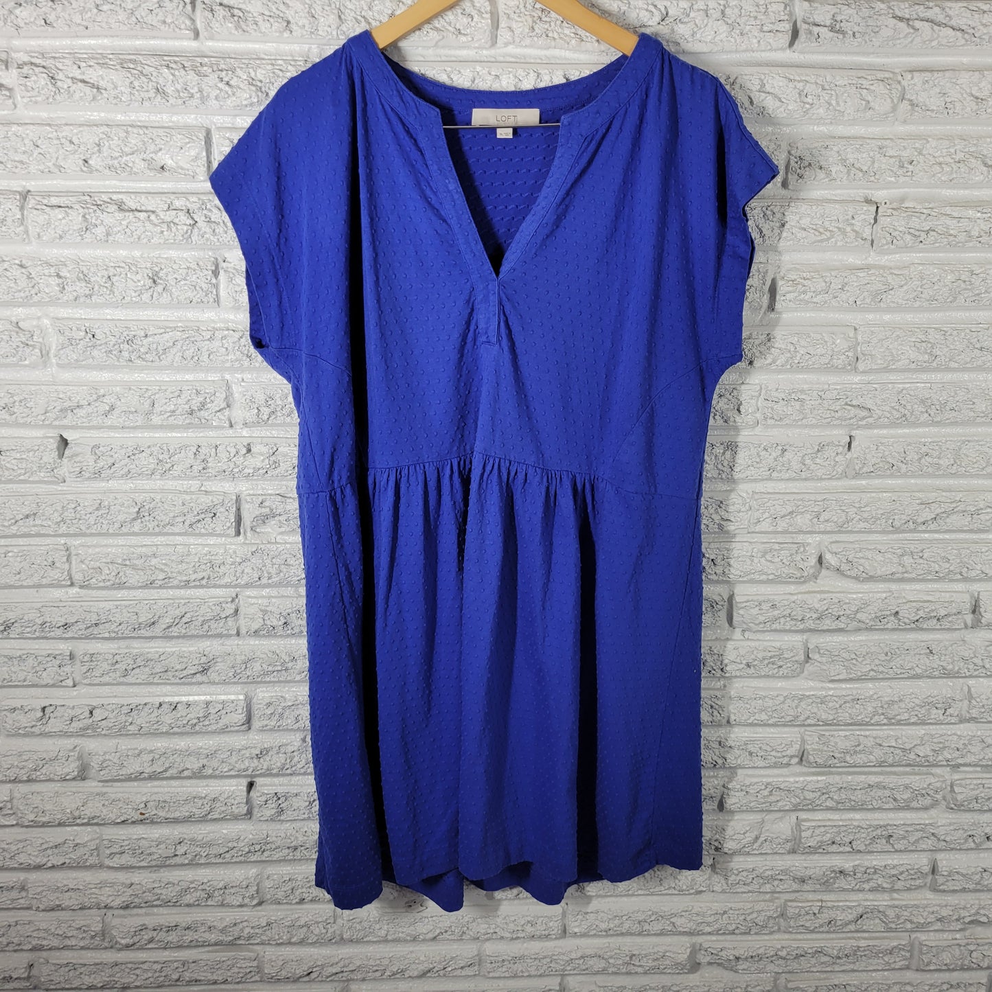 LOFT Womens XL Blue Swiss Dot V-Neck Mini Shirt Dress Cotton Stretch BLU291E