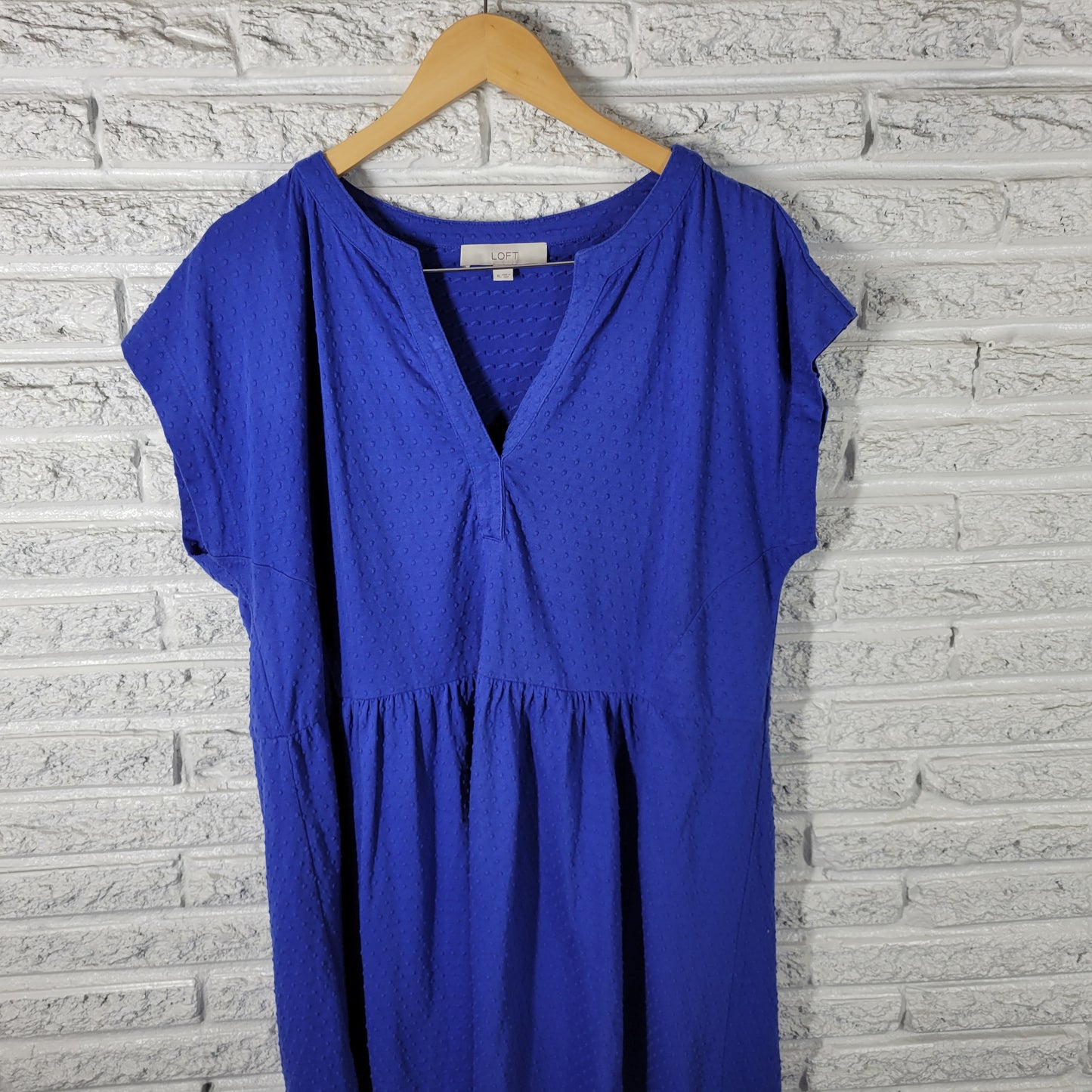 LOFT Womens XL Blue Swiss Dot V-Neck Mini Shirt Dress Cotton Stretch BLU291E