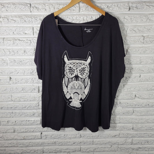 Lane Bryant Womens 26/28 Black Cotton Embroidered Owl Sleeveless Tee BLA176E