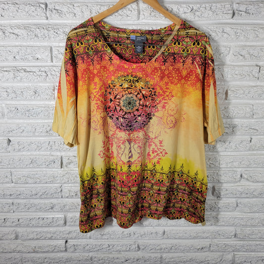 Liz & Me Womens 1X Orange Yellow Mandala Rhinestone Laser Cut Top GEO103E