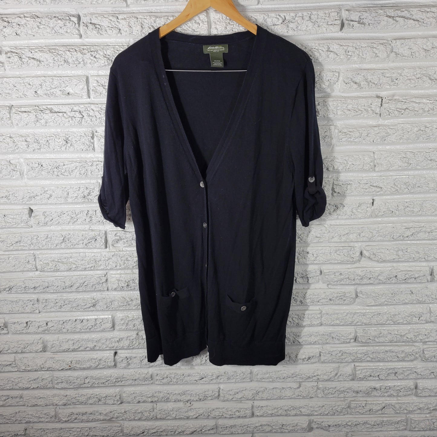 Eddie Bauer Womens XXL Black 100% Cotton Short Sleeve V-Neck Cardigan BLA164E