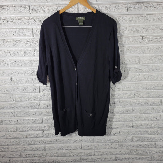 Eddie Bauer Womens XXL Black 100% Cotton Short Sleeve V-Neck Cardigan BLA164E