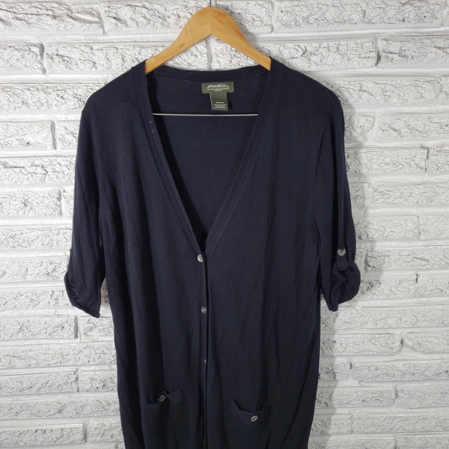 Eddie Bauer Womens XXL Black 100% Cotton Short Sleeve V-Neck Cardigan BLA164E