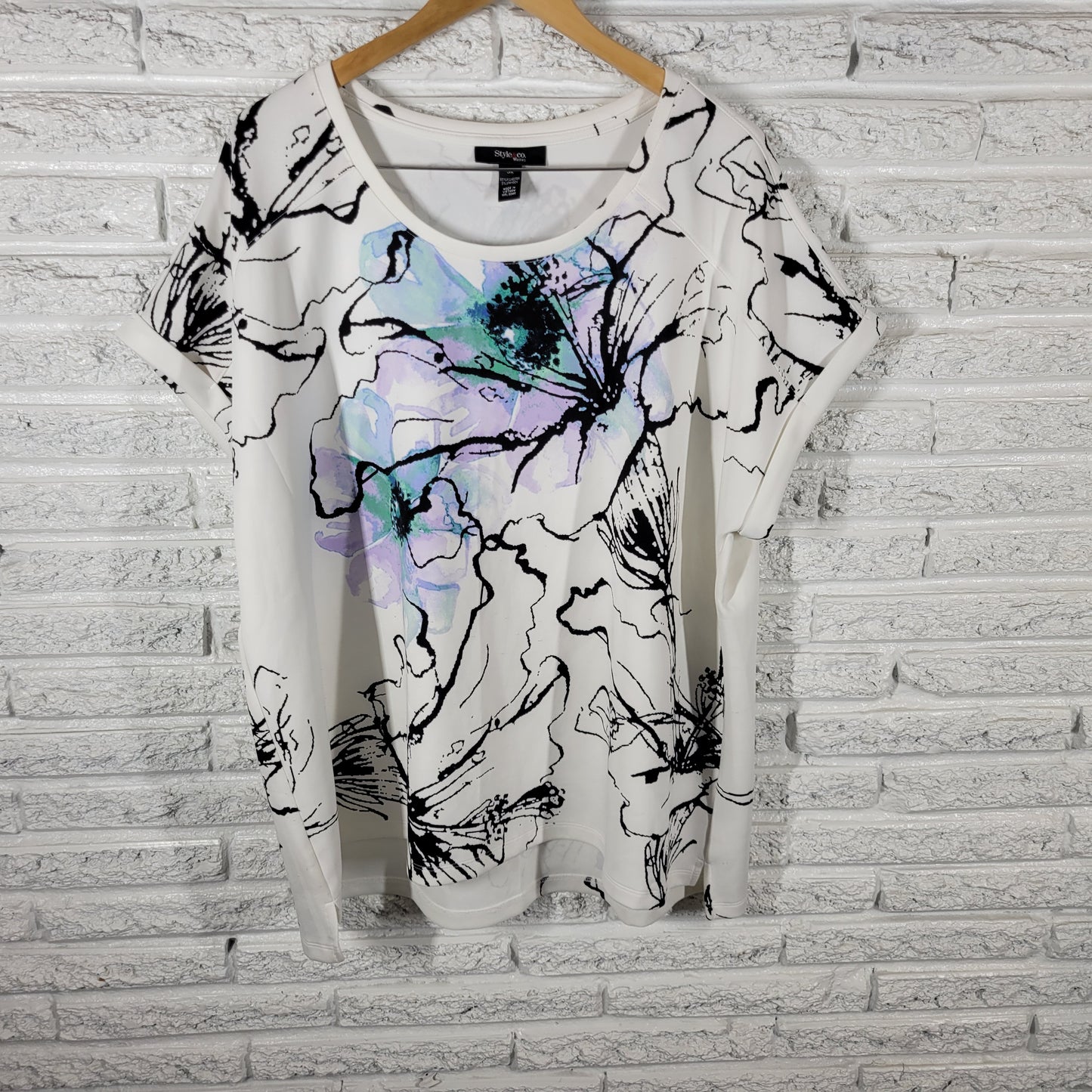 Style & Co Womens 3X Purple Green Floral Watercolor Cap Sleeve Blouse FLO114XE