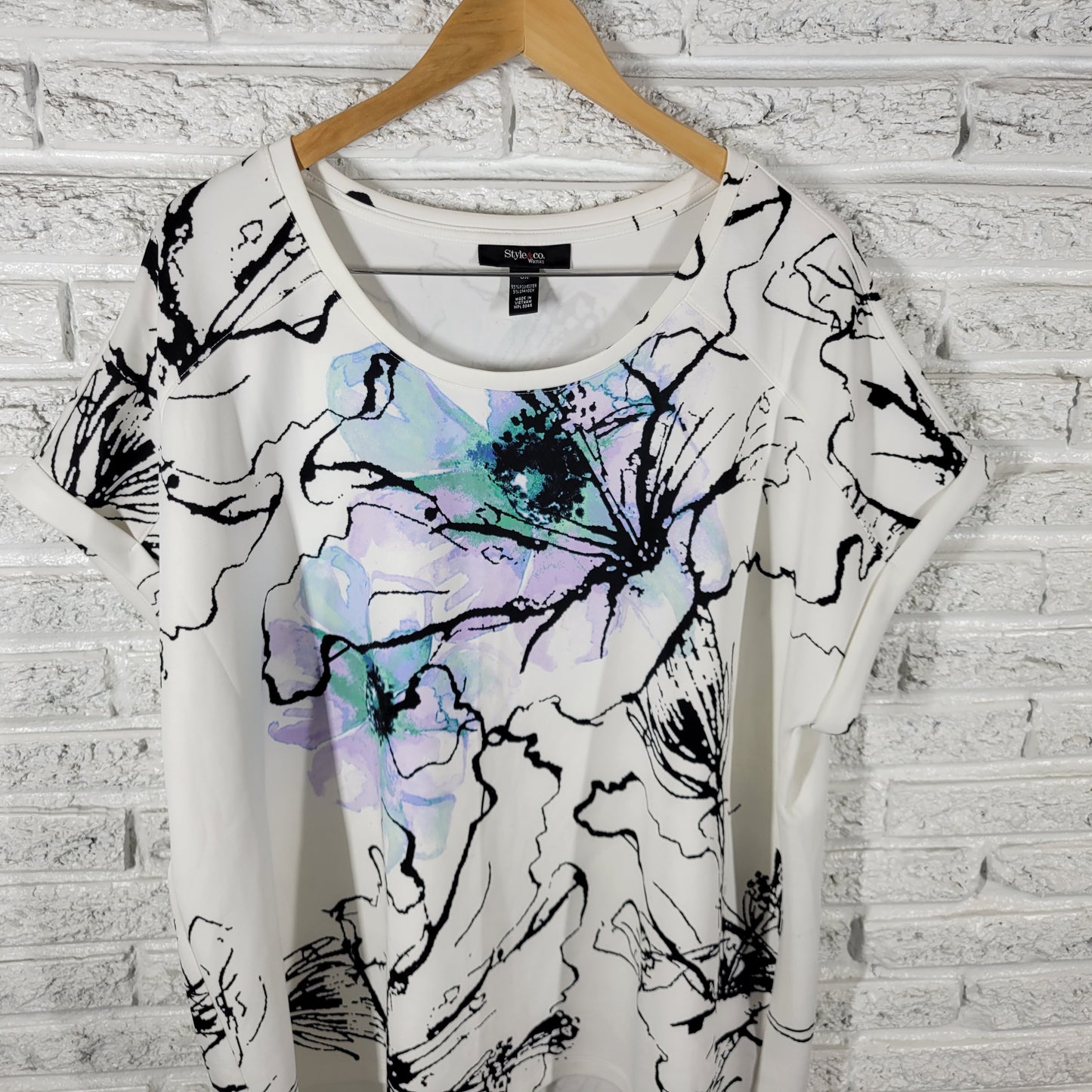 Style & Co Womens 3X Purple Green Floral Watercolor Cap Sleeve Blouse FLO114XE