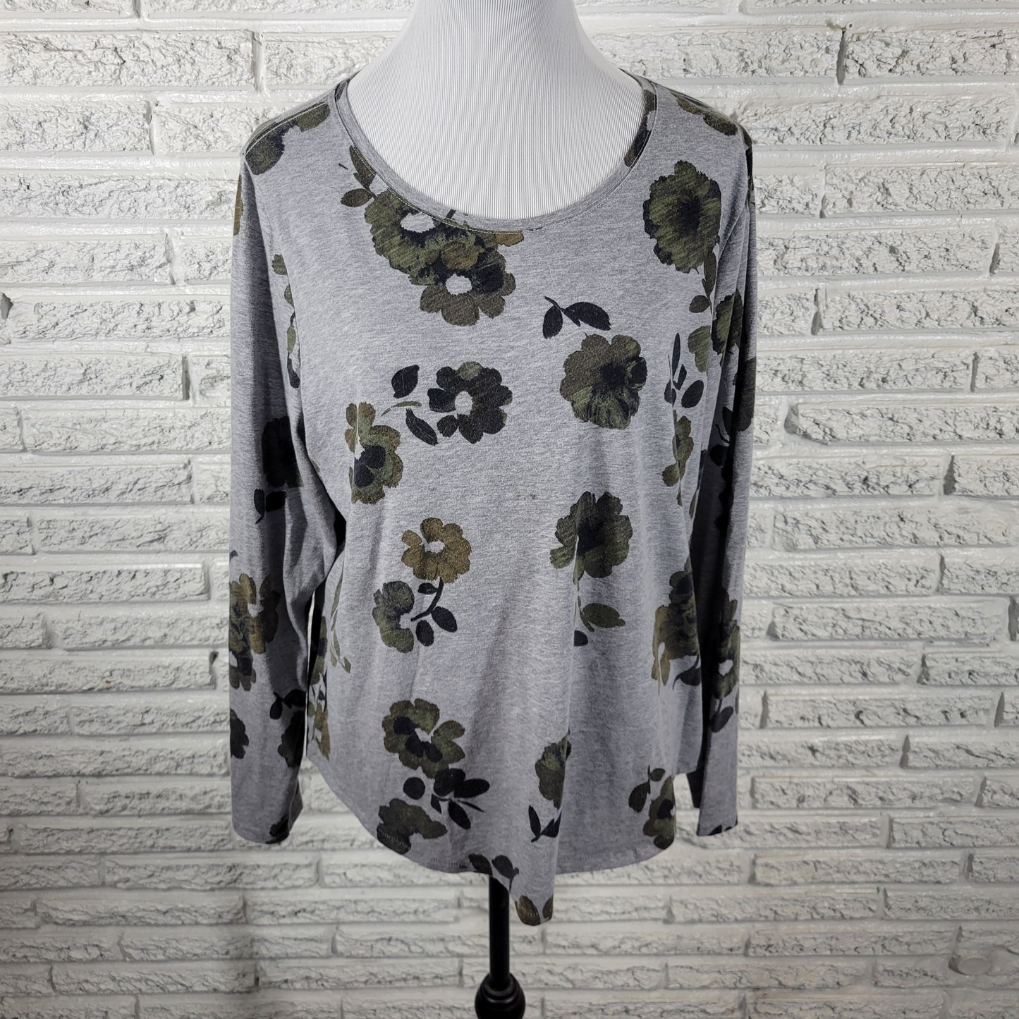 Sonoma Everyday Gray Green Floral Tee XL Women Long Sleeve Cotton Blend FLO213E