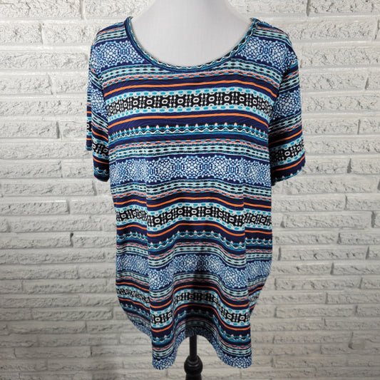 East 5th Women Plus 2X Blue Red Geometric Pleat Tee Short Sleeve GEO166E