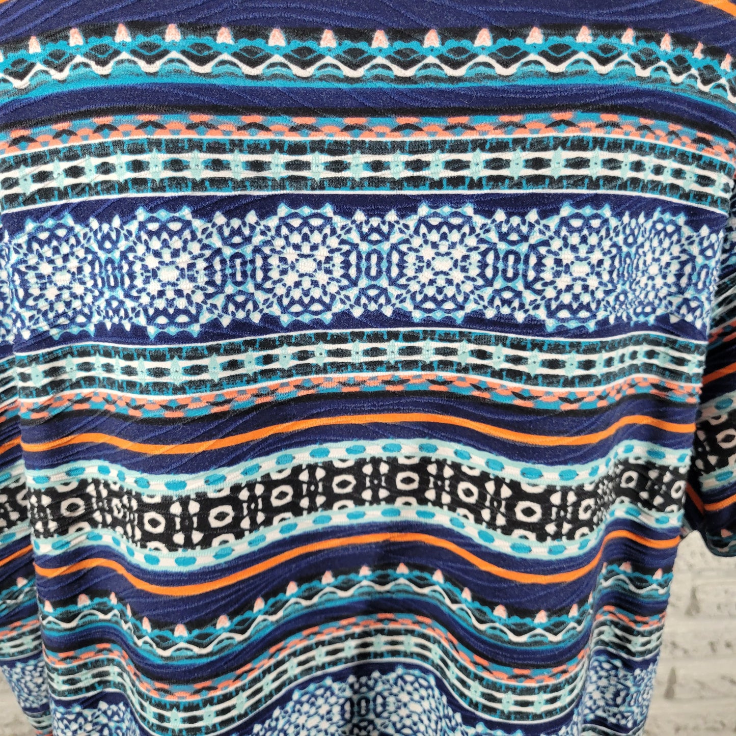 East 5th Women Plus 2X Blue Red Geometric Pleat Tee Short Sleeve GEO166E