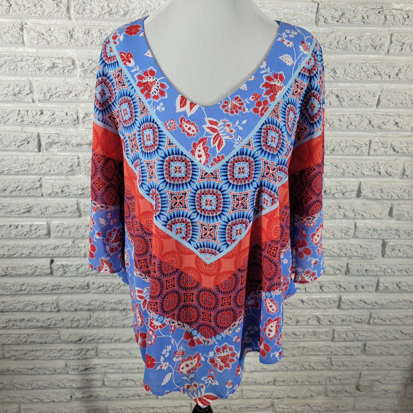 Ruby Rd Tunic XL Kimono Sleeve Geometric Blue Red Bandana V-Neck GEO157XE