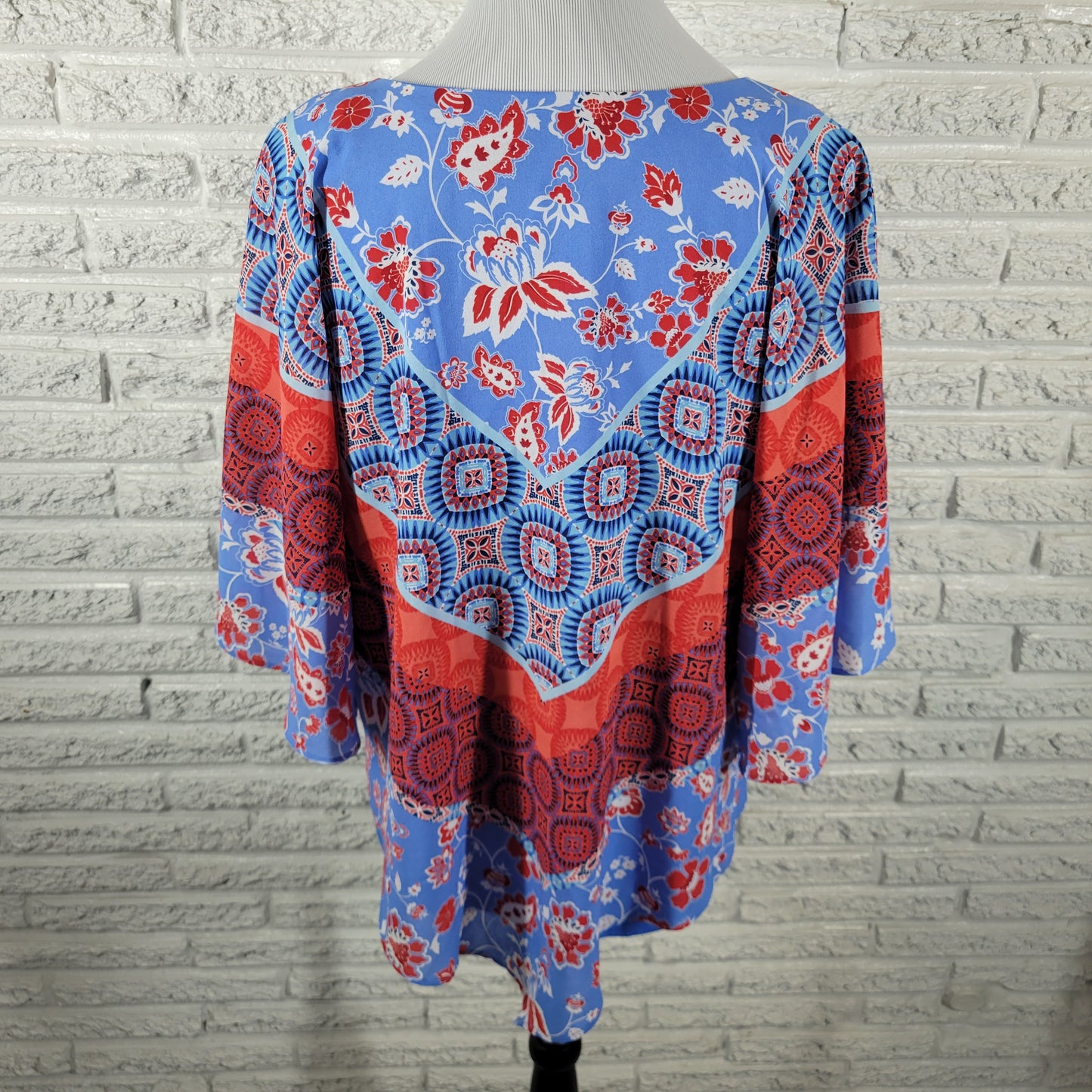 Ruby Rd Tunic XL Kimono Sleeve Geometric Blue Red Bandana V-Neck GEO157XE