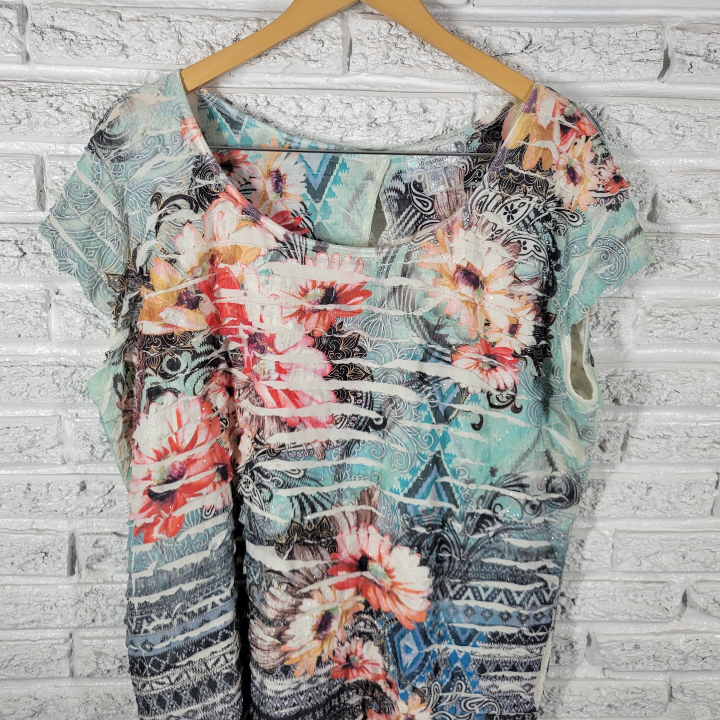 Dressbarn Top 2X Plus Blouse Floral Tiered Layered Glitter Keyhole Back FLO197XE