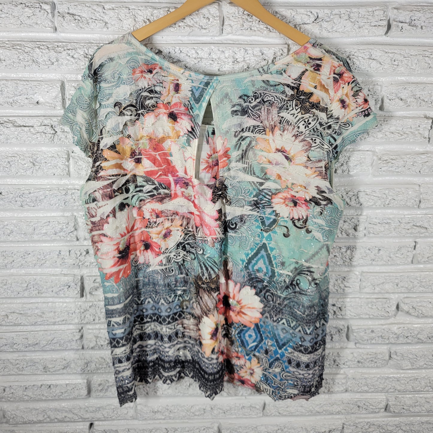 Dressbarn Top 2X Plus Blouse Floral Tiered Layered Glitter Keyhole Back FLO197XE