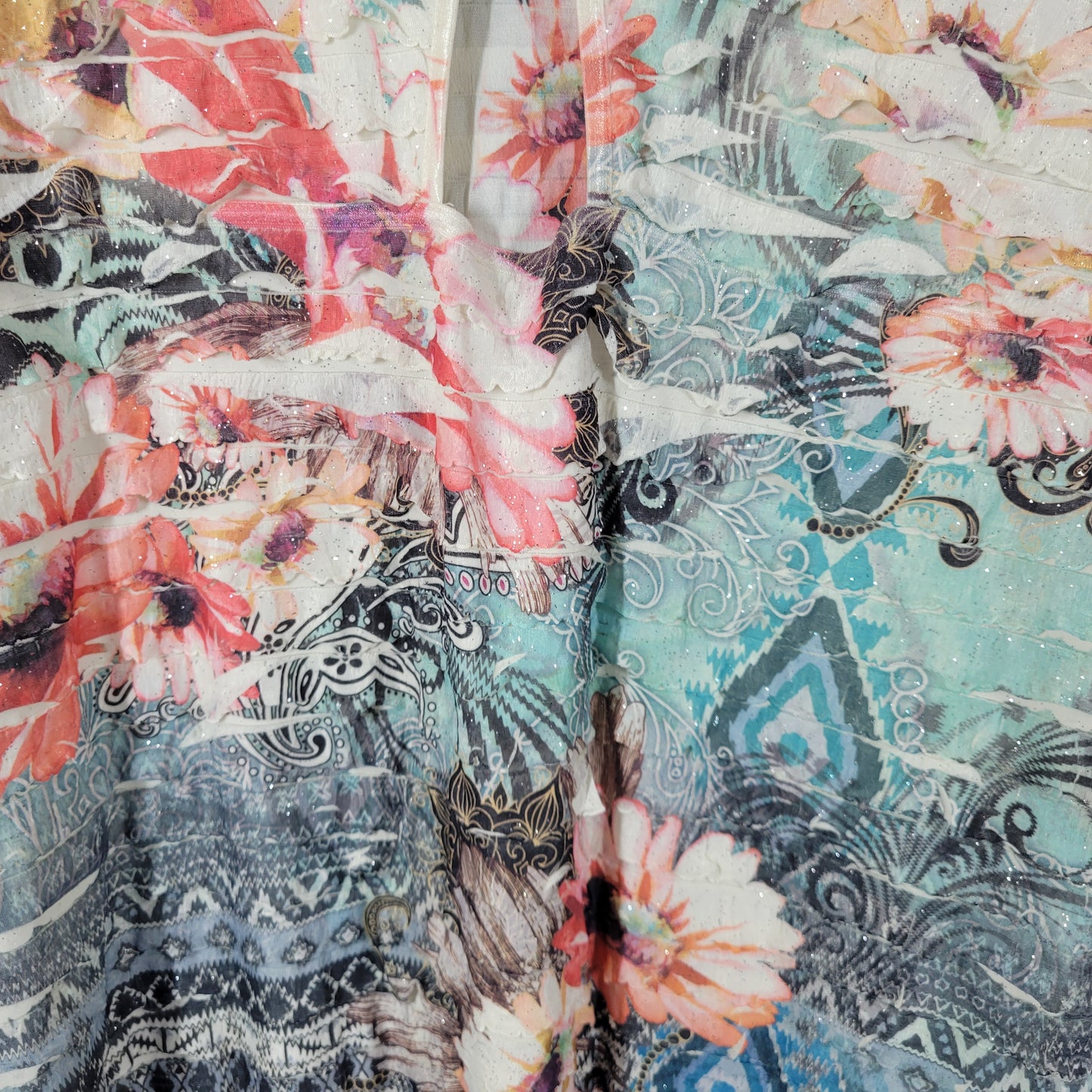 Dressbarn Top 2X Plus Blouse Floral Tiered Layered Glitter Keyhole Back FLO197XE