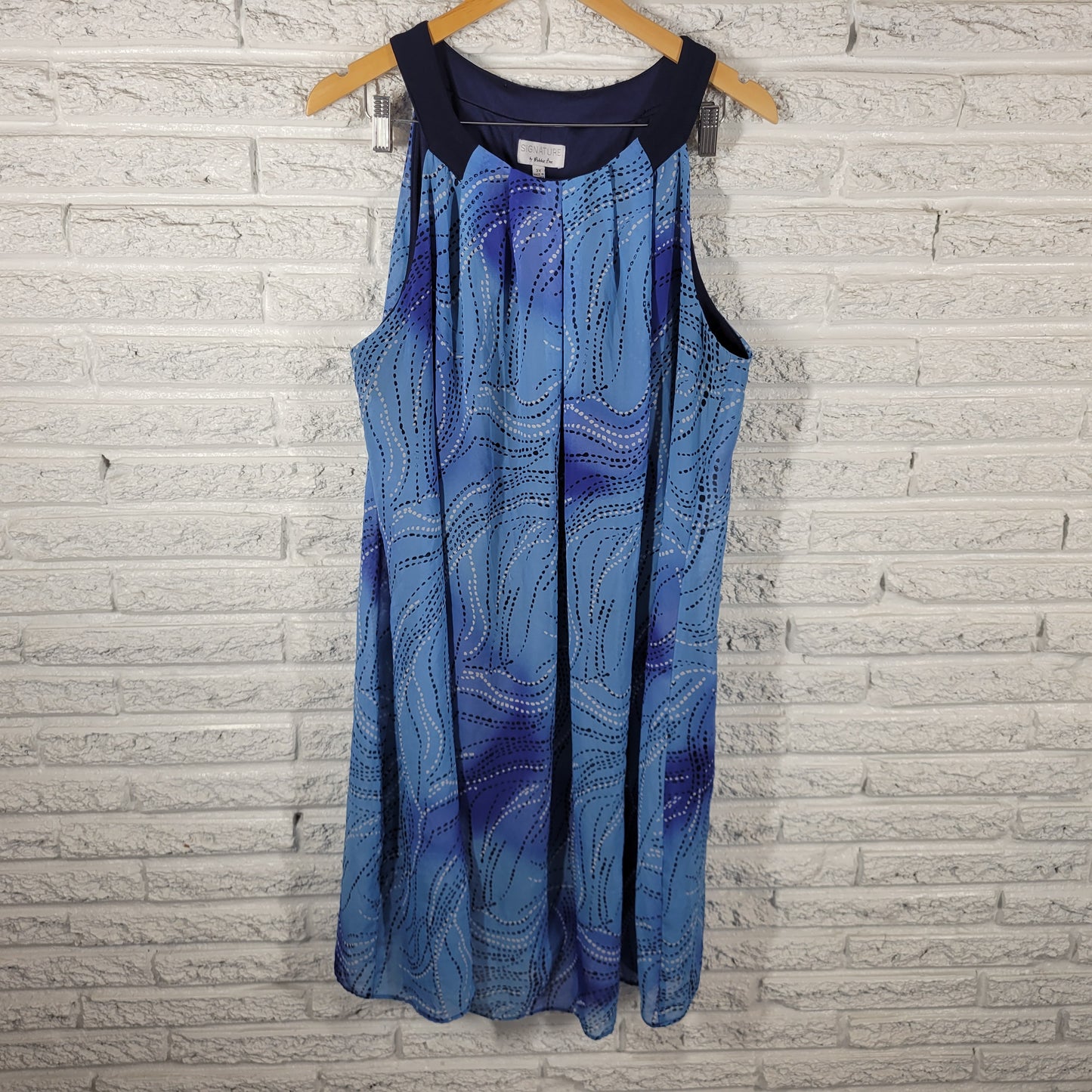 Signature Robbie Bee Dress 3X Plus Blue Geometric Dotted Stripe Shift GEO125E