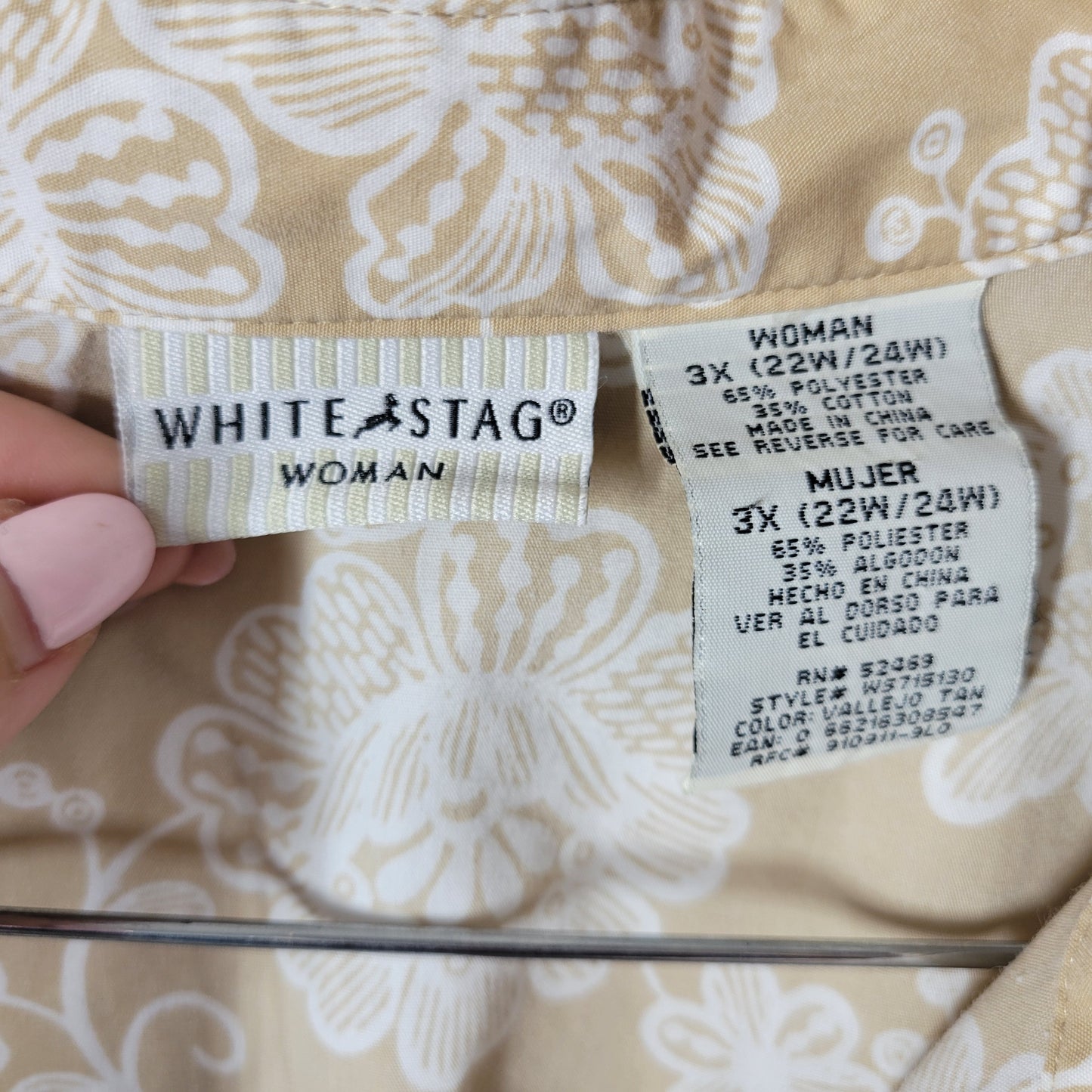 White Stag Women Plus 3X Tan White Floral Short Sleeve Button Up FLO190XE