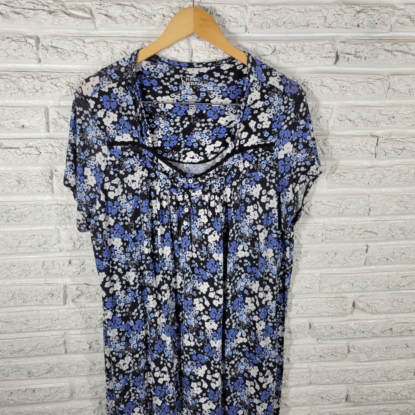 Croft & Barrow Nightgown Womens XL Blue Black Floral Lace Trim Sleepwear FLO164E
