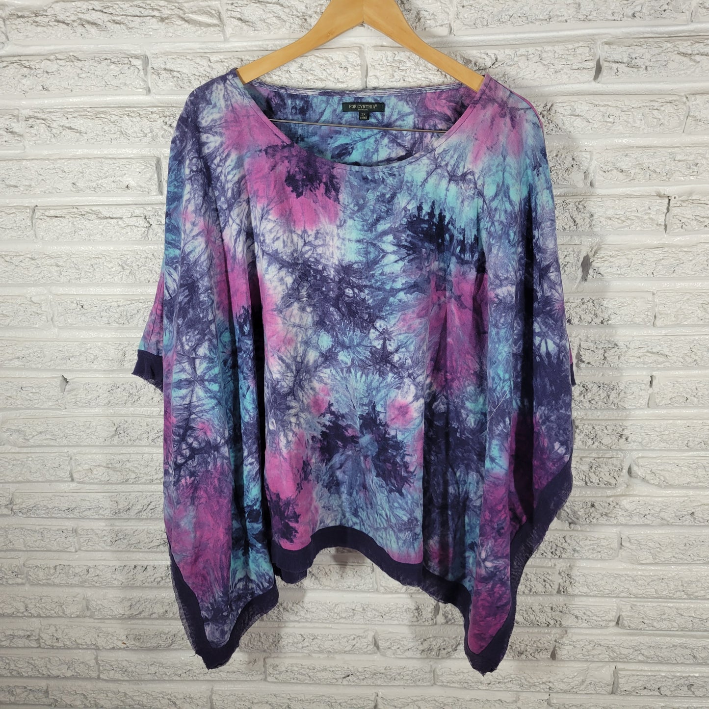For Cynthia Women 2X Top Blouse Tie Dye Kimono Sleeve Linen Blend Mesh Hem TIE5E