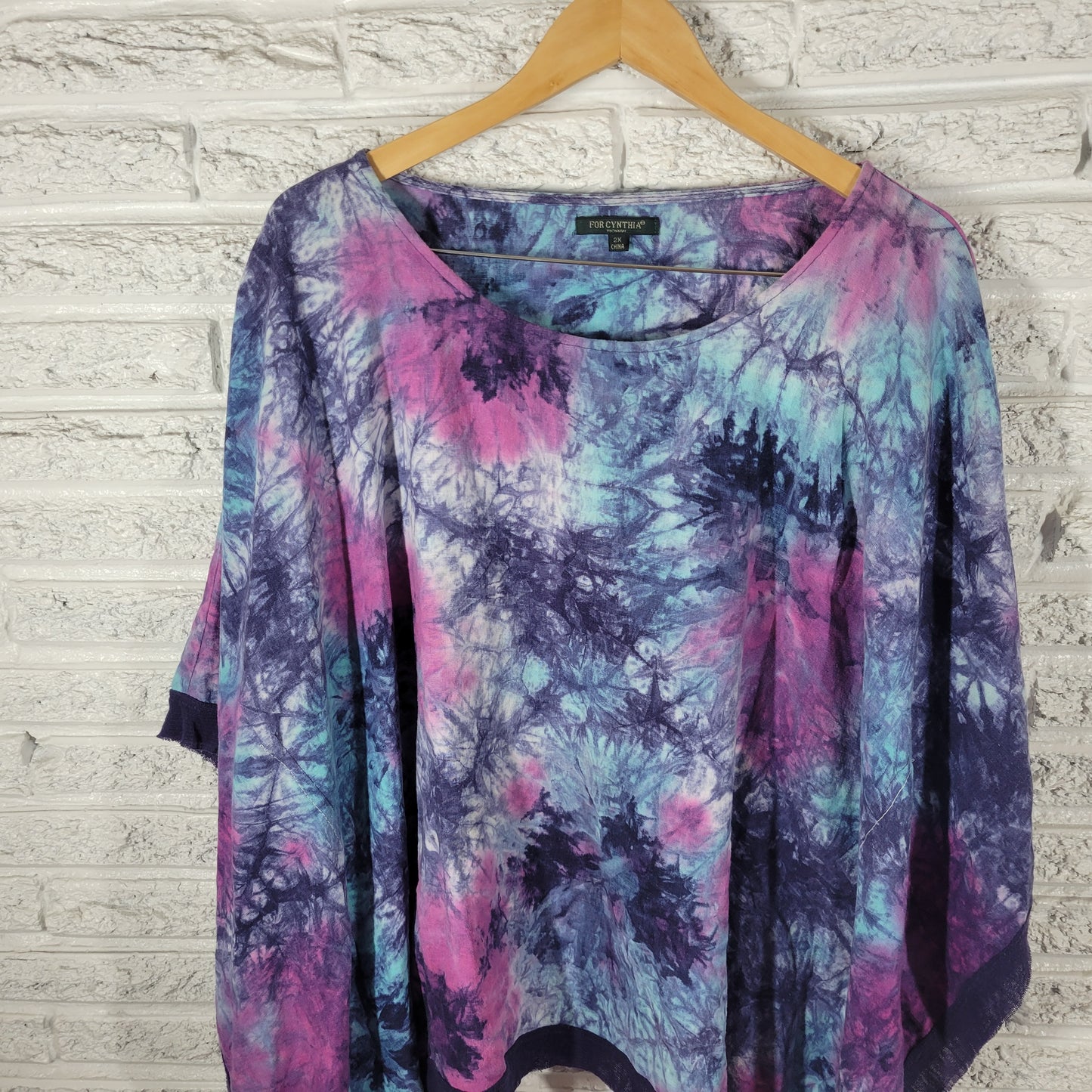 For Cynthia Women 2X Top Blouse Tie Dye Kimono Sleeve Linen Blend Mesh Hem TIE5E