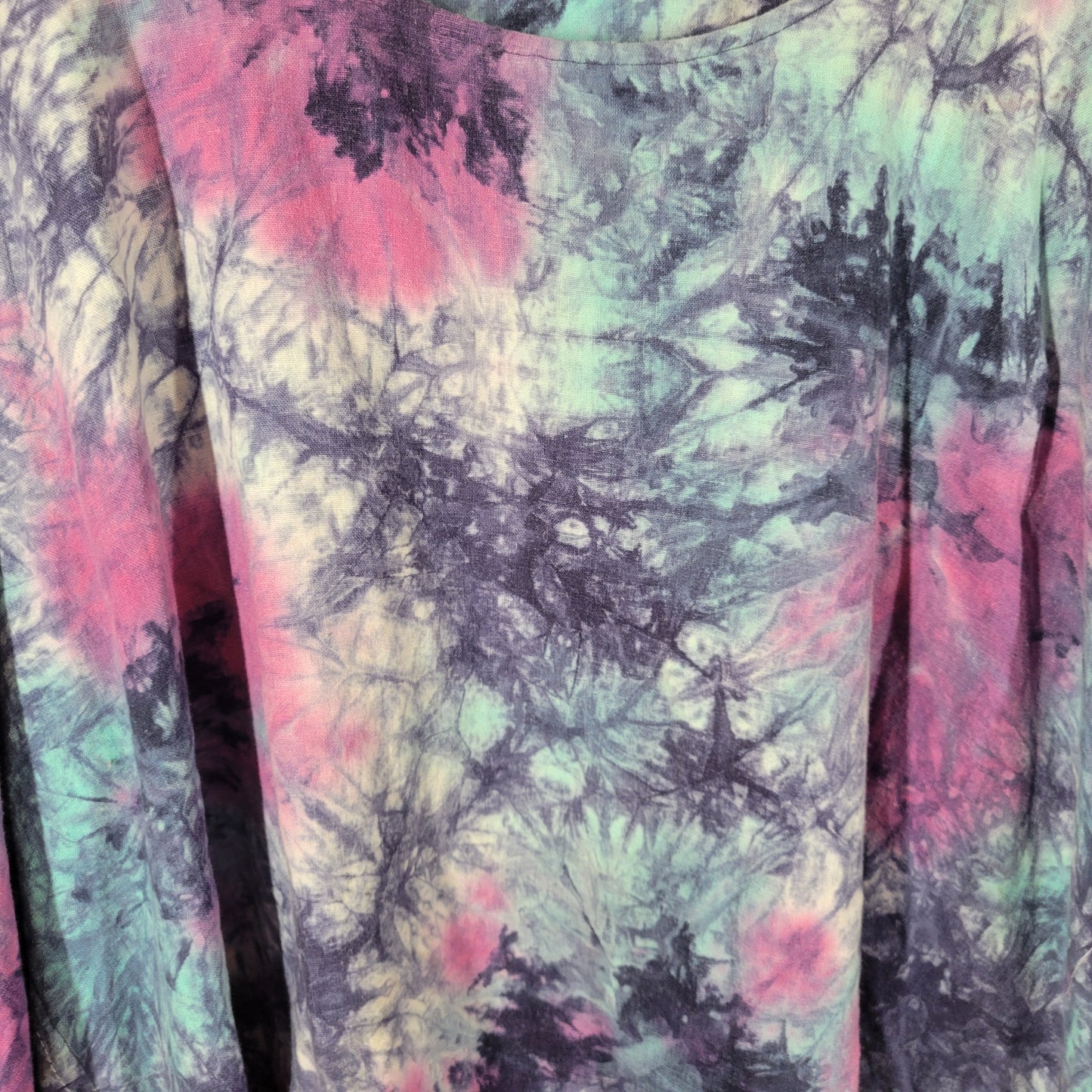 For Cynthia Women 2X Top Blouse Tie Dye Kimono Sleeve Linen Blend Mesh Hem TIE5E