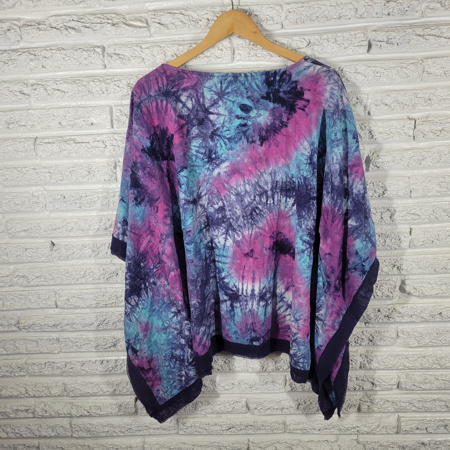 For Cynthia Women 2X Top Blouse Tie Dye Kimono Sleeve Linen Blend Mesh Hem TIE5E