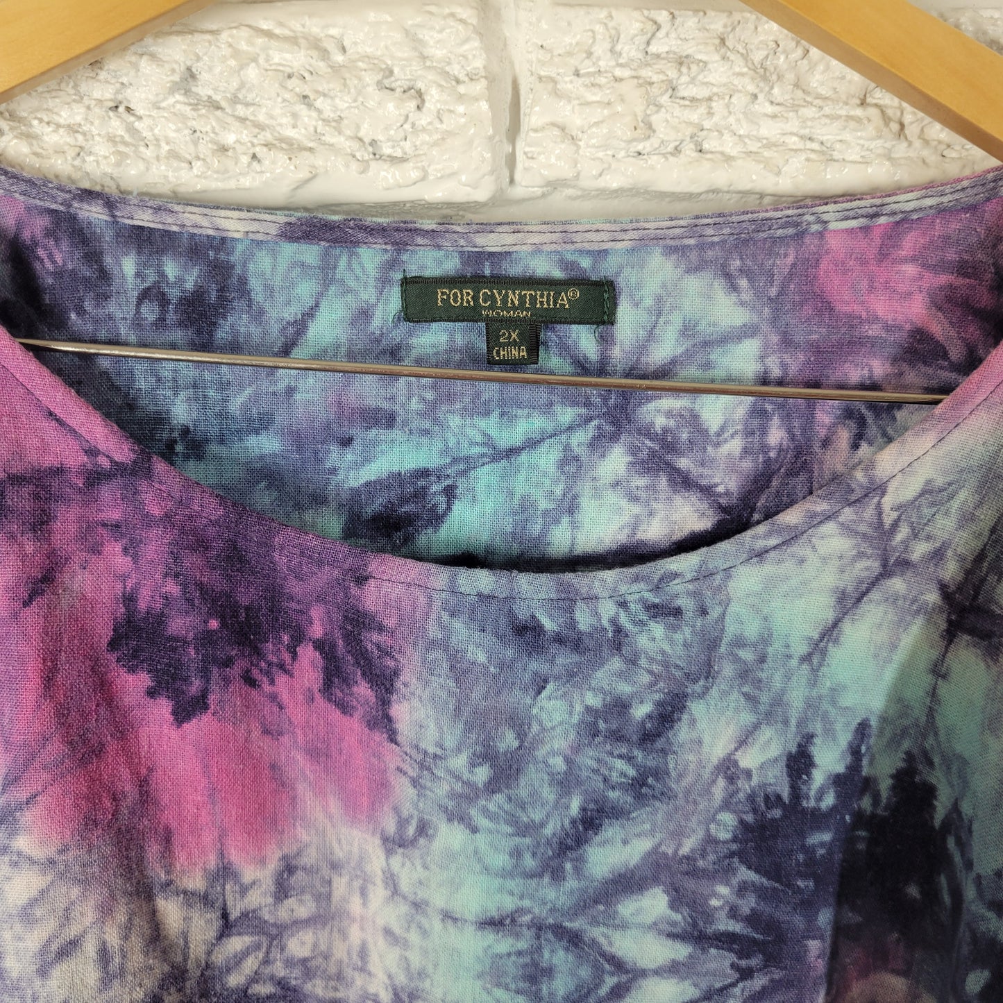 For Cynthia Women 2X Top Blouse Tie Dye Kimono Sleeve Linen Blend Mesh Hem TIE5E