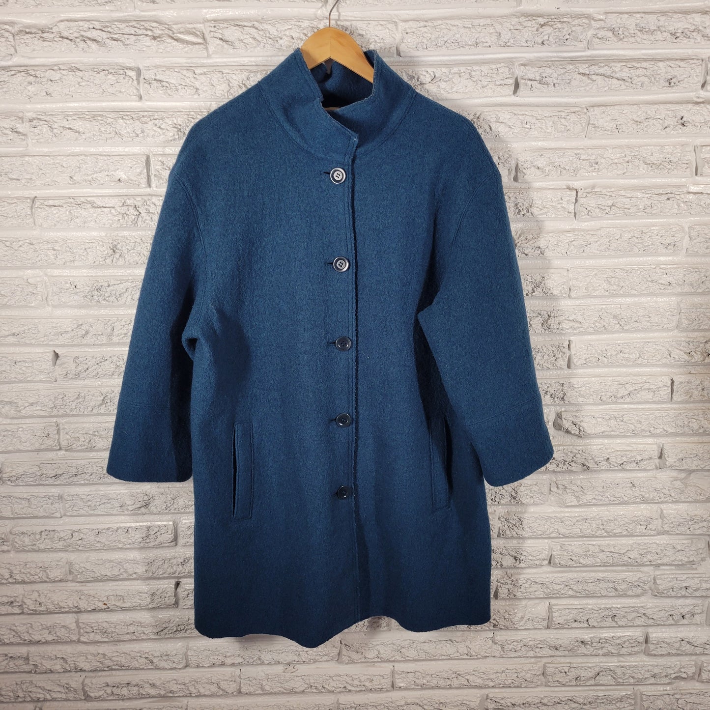 Talbots Wool Coat 1X Blue Green Solid Button Collared Long Sleeve Overcoat HNGE