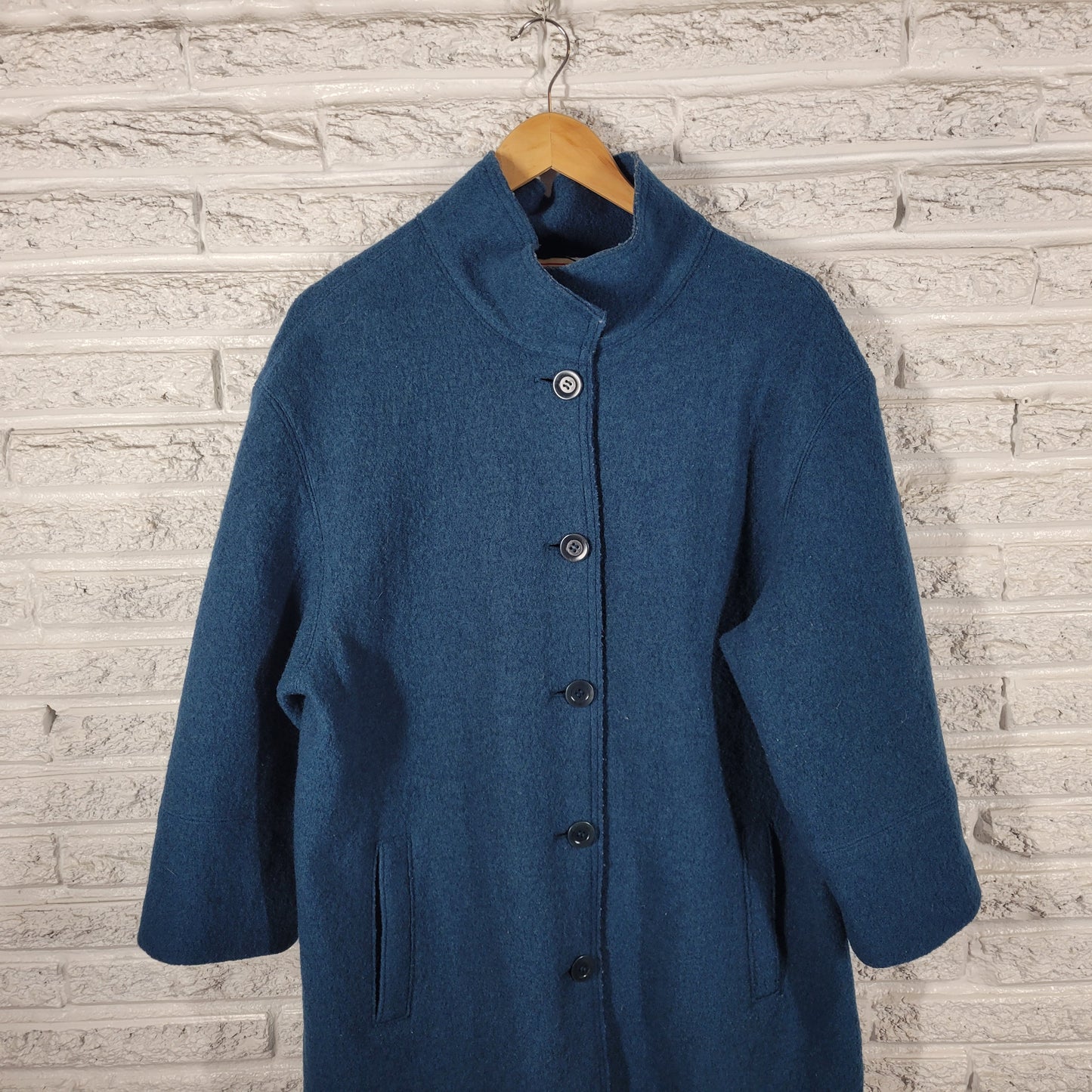 Talbots Wool Coat 1X Blue Green Solid Button Collared Long Sleeve Overcoat HNGE