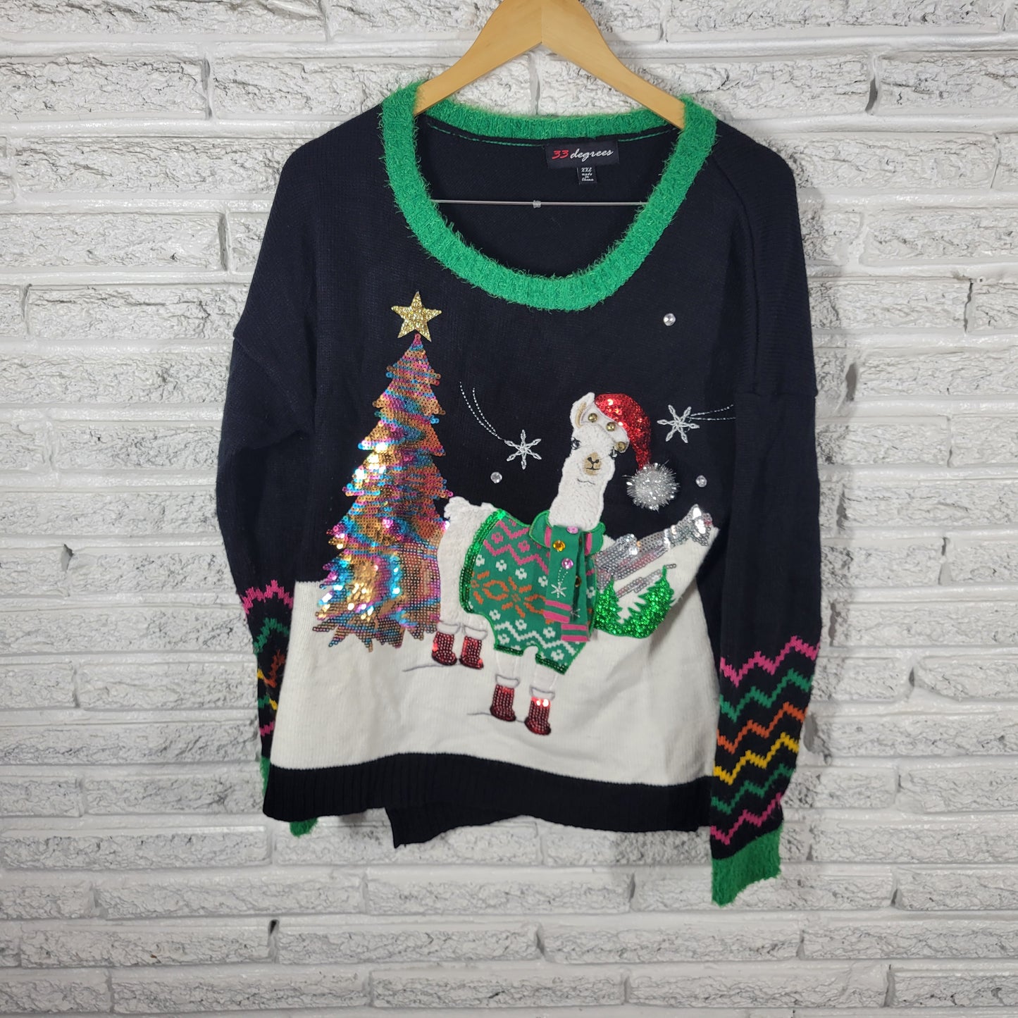 33 Degrees Women XXL Ugly Christmas Llama Sweater Black Pullover Sequin SWE12E