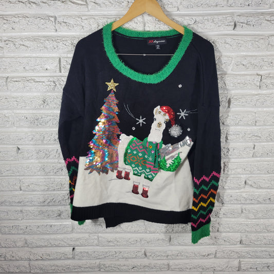 33 Degrees Women XXL Ugly Christmas Llama Sweater Black Pullover Sequin SWE12E