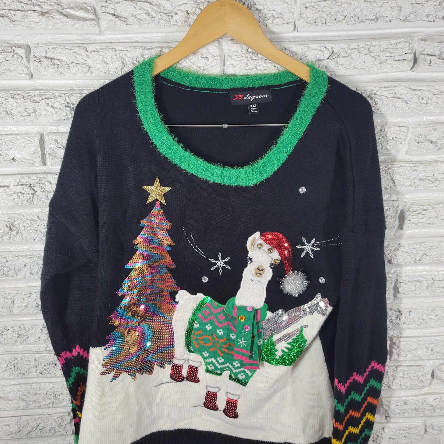 33 Degrees Women XXL Ugly Christmas Llama Sweater Black Pullover Sequin SWE12E