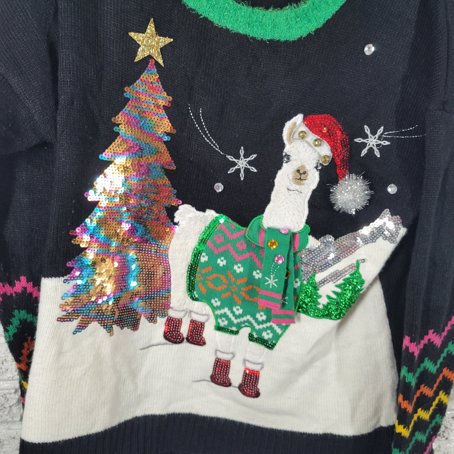 33 Degrees Women XXL Ugly Christmas Llama Sweater Black Pullover Sequin SWE12E