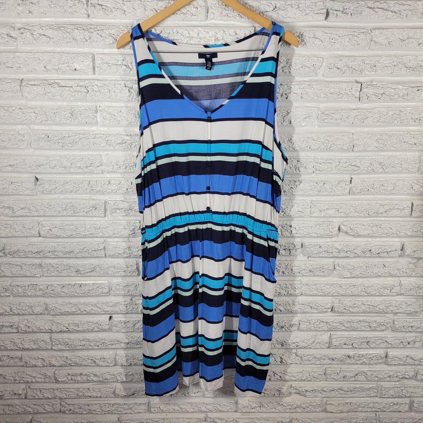 Gap Women XXL Sheath Dress Blue White Striped Sleeveless V-Neck Pockets STR110E