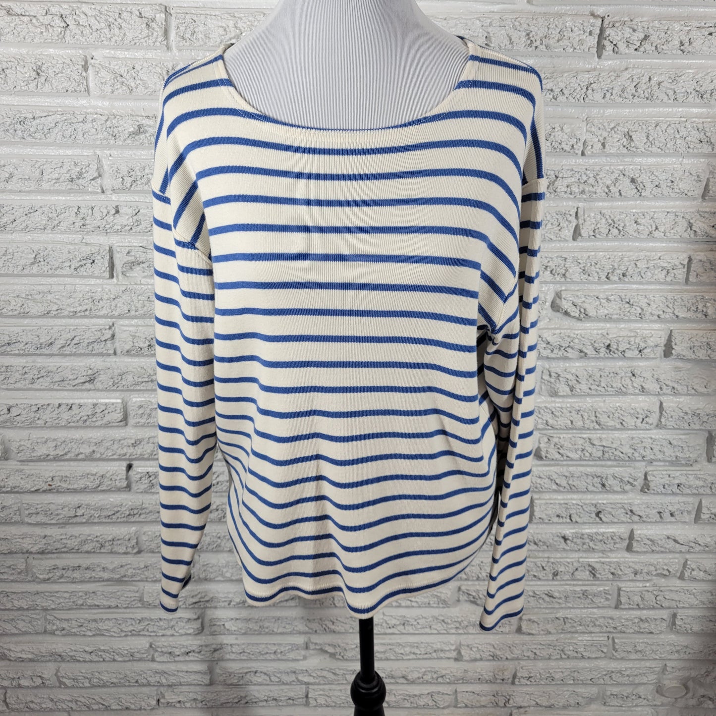 LL Bean Women XL Sweater Blue White Striped 100% Cotton Pullover Knit STR108E