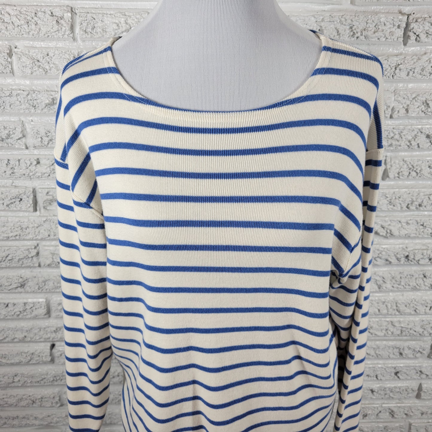 LL Bean Women XL Sweater Blue White Striped 100% Cotton Pullover Knit STR108E