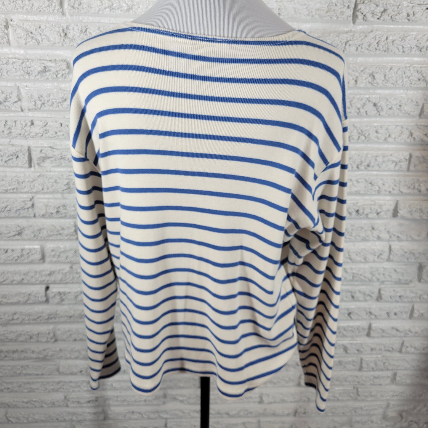 LL Bean Women XL Sweater Blue White Striped 100% Cotton Pullover Knit STR108E