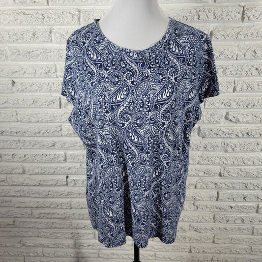 St. John's Bay Paisley Tee 1X Blue White Cotton Short Sleeve Round Neck PAI3E