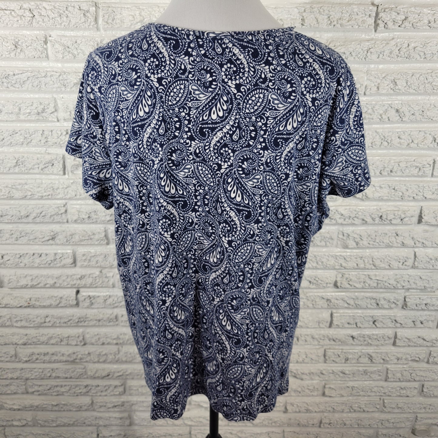 St. John's Bay Paisley Tee 1X Blue White Cotton Short Sleeve Round Neck PAI3E