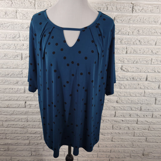 Worthington Women 1X Tunic Blouse Blue Black Polka Dot Keyhole Pleated GEO143E