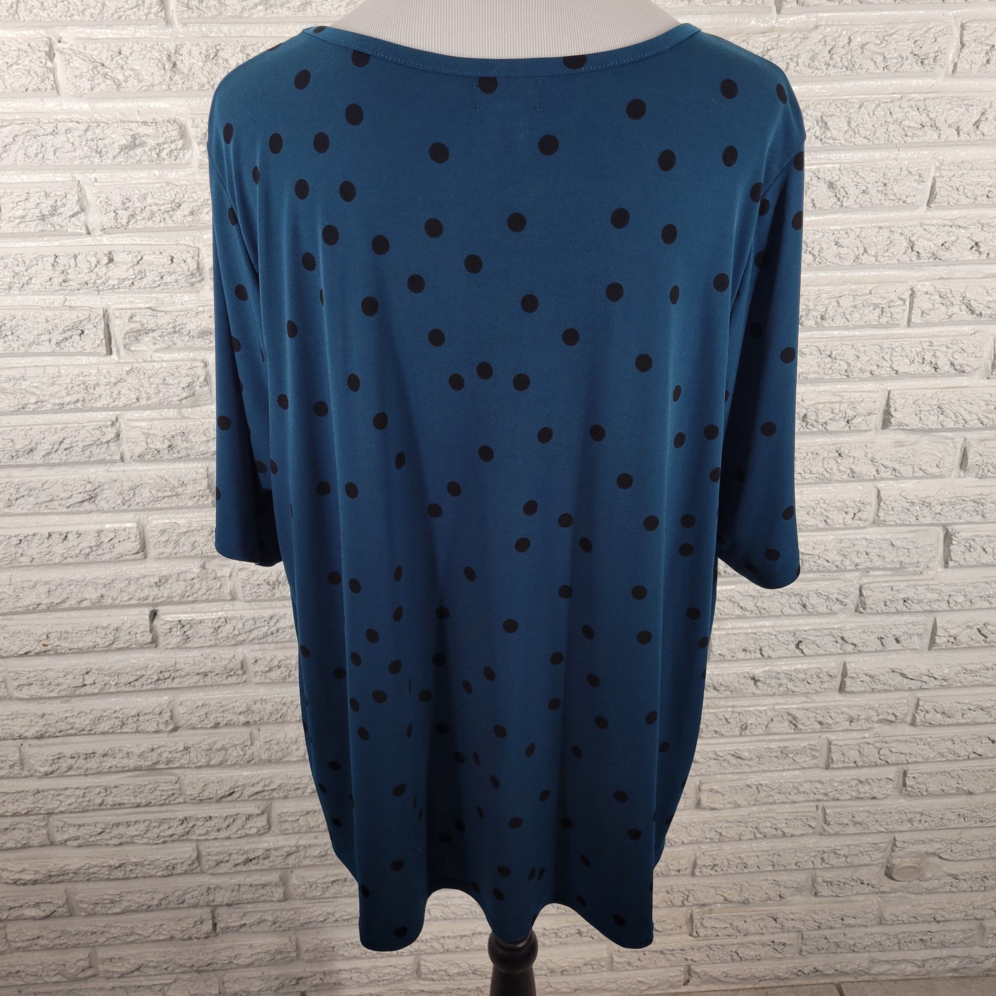 Worthington Women 1X Tunic Blouse Blue Black Polka Dot Keyhole Pleated GEO143E