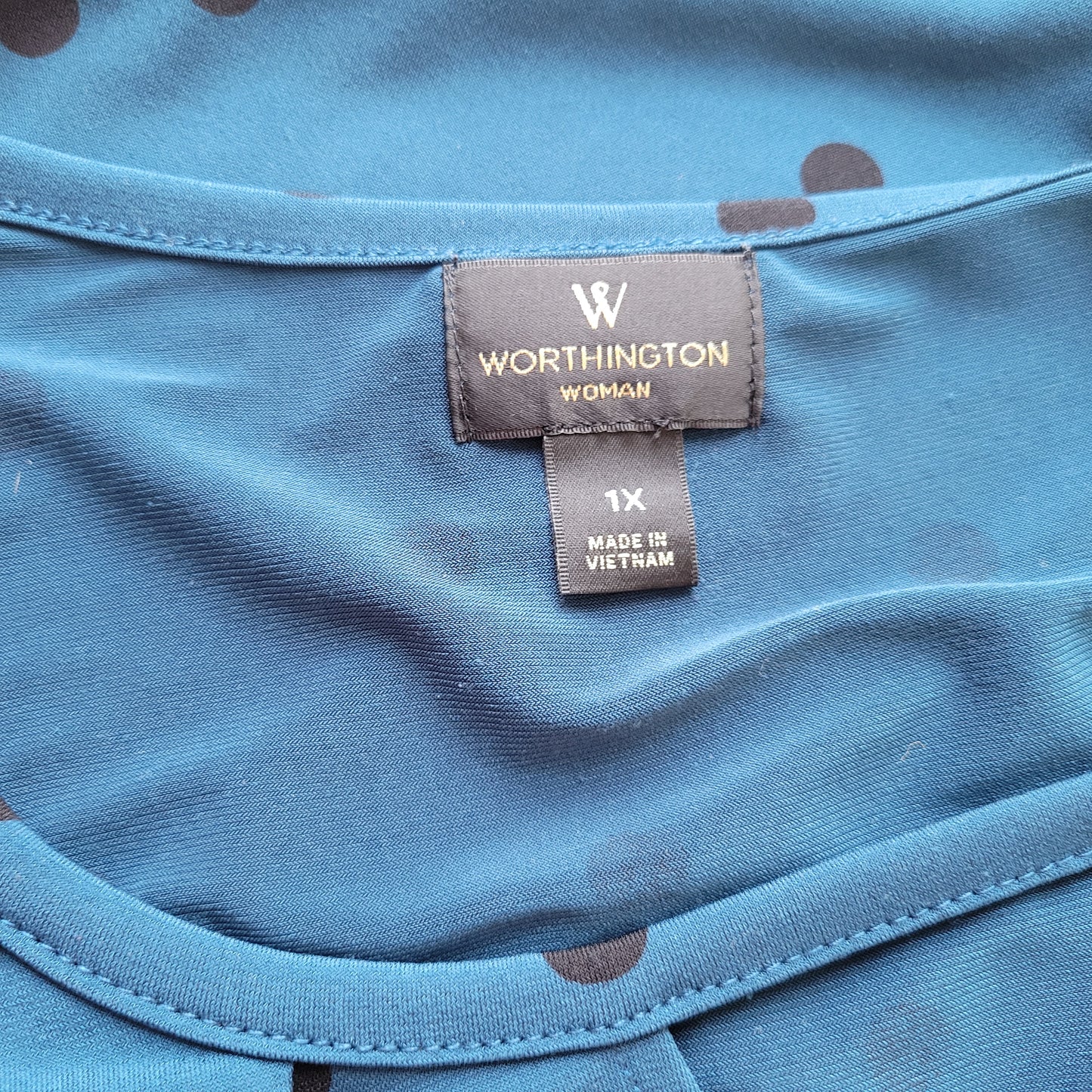 Worthington Women 1X Tunic Blouse Blue Black Polka Dot Keyhole Pleated GEO143E