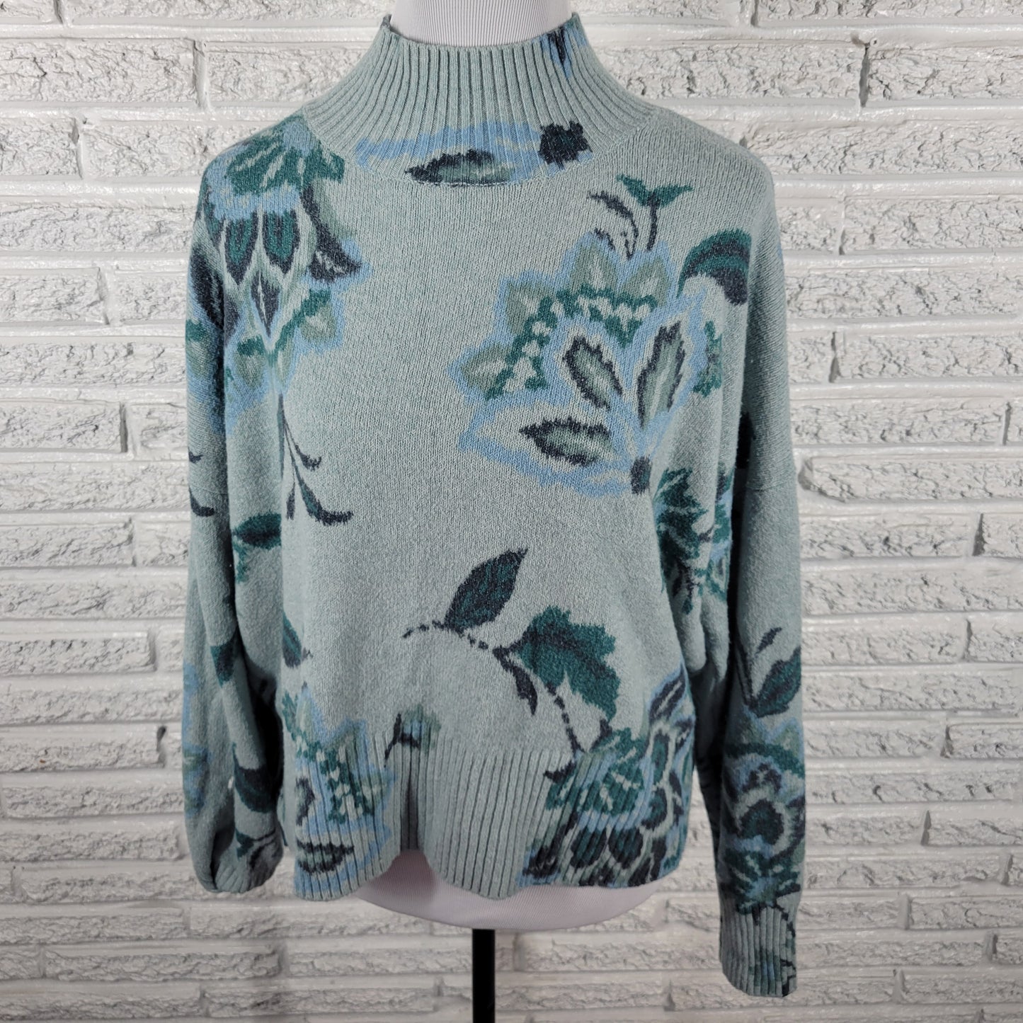 Lauren Conrad Women XL Sweater Blue Floral Mock Neck Pullover Knit FLO45E