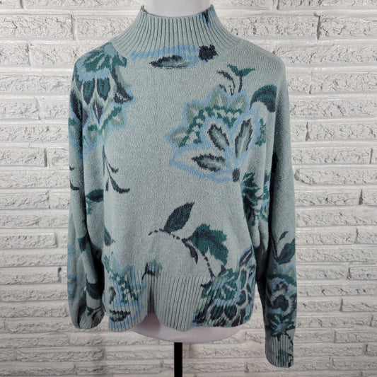 Lauren Conrad Women XL Sweater Blue Floral Mock Neck Pullover Knit FLO45E