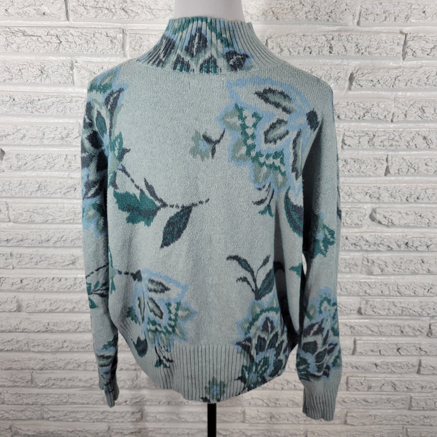 Lauren Conrad Women XL Sweater Blue Floral Mock Neck Pullover Knit FLO45E
