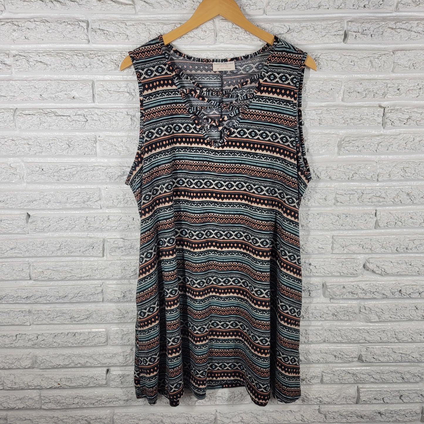 Bobbie Brooks 2X Dress Tunic Mini Pink Black Geometric Sleeveless GEO85XE