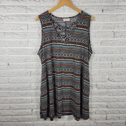 Bobbie Brooks 2X Dress Tunic Mini Pink Black Geometric Sleeveless GEO85XE